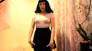 Kinky brunette wears stockings and masturbates rough