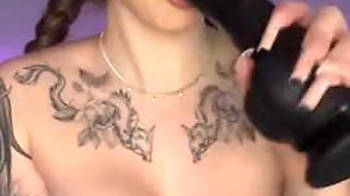 The long-haired nymph in a cat costume provides a deep throat with a yam-sized