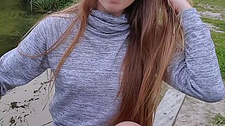 Outdoor solo masturbation scene with curly blonde