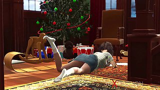Santa claus plays with a super lovely nerdy girl