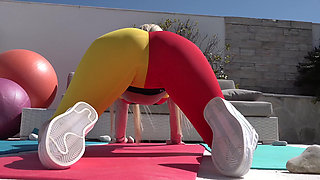 Young pierced curvy MILF enjoys outdoor yoga sex