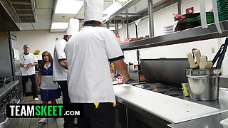 Petite Bunny Fae Takes on the Entire Kitchen Crew in a Wild Restaurant Gangbang