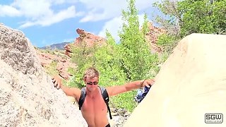 Hot blonde with big natural tits rides motorcycle then gets fucked and sucks big cock outdoors