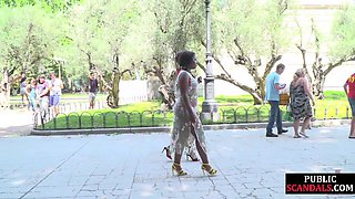 Public throating Ebony sub mouth jizzed in front of voyeurs