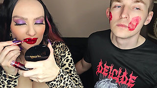 Juicy Sticky Loud Aggressive Kisses All Over a Guy's Face with Red Lipstick