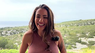 Busty curly brunette with big boobs fucks on couch