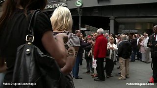 Bound Euro blond walked in public