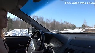 Nude Girl Drives Car On Dirty Road