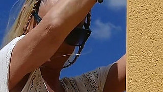 Outdoor Dildo Fucking Ass Spreading Anal Play in the Sun After Stripping in Stockings & Heels