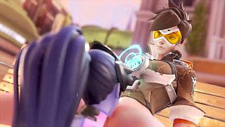 Widowmaker gets intimate with Tracer, making sultry eye contact while pleasuring her
