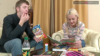 Blonde girl sucks a monster cock then gets fucked on both holes