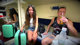 Two Guys Fuck a Fellow Traveler in a Train Room and Cum Hard in Her Pussy.