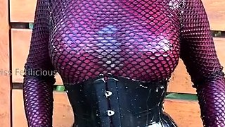 Outdoor solo masturbation scene with curly blonde