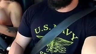 Traffic Blowjob: Exhibitionist Brunette Shows Her Tits and Sucks It All in the Car