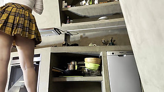 MILF Stepmom on high heels and in a mini skirt uniform type of short skirt no panties shows pussy and big ass