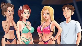 Summertime saga cartoon, beach threesome, fantasy