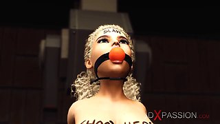 Strap-on in action! Horny lesbian blonde slut in restraints gets fucked hard