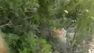 Blonde teen in fishnets gets fucked outdoors