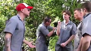 Ebony man gets ass fucking gang-fuck in forest