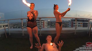 Lesbian sex of Lea and Melonie outdoors, bra and panties