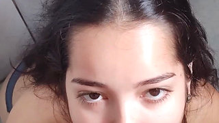 Facial Cum in POV - the Young Brunette Knelt and Had to Suck Until She Got All Messy