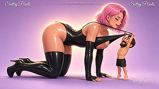 Anime Latex Giantess on All Fours Lets Her Heavy Milky Tits Hang Over a Tiny Man