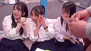 Three beautiful girls in uniform get excited when they see a man's penis and cum all over his hands.