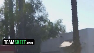 Tatted-up bella flashes her ideal breasts poolside then gets fucked moist