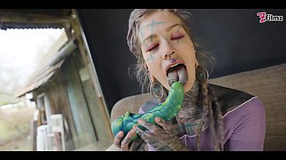 Anal loving Tattooed Hippie ANAL Fuck with Dildo and Real Big Dick