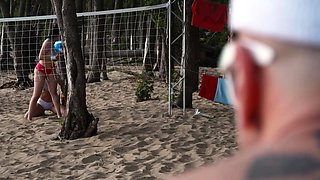 Beach volleyball teens share cock in outdoor threesome