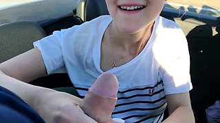 Public teen sex in the convertible car on a way to Las