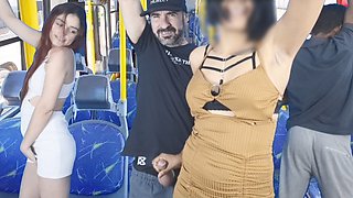 Naughty thigh hottie inside public transport and cums in her big ass