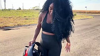 Naughty married nymph meets gym mate, romps in woods. Milk