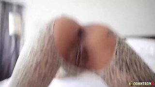 Busty Asian babe gets her pussy and ass fucked hard in ripped bodystocking