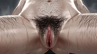 MILF showing a close-up of her hairy, wet pussy.