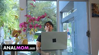 Shocked step mommy catches her gooner stepson masturbation to buttfuck porno on step-mother\u2019s day