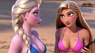 Rapunzel and Elsa Stranded on an Island: Lesbian Cartoon Fuck
