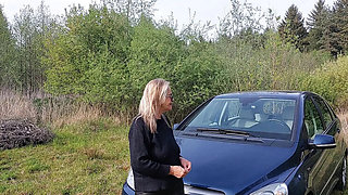 Granny with Big Natural Tits Plays with Her Breasts in Car