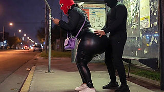 Big Ass Latina in Tight Leather Pants at Bus Stop Strips to Black Leather Thong
