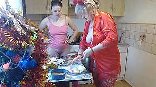 Erotic New Year's Eve cooking in a thong and beautiful lingerie