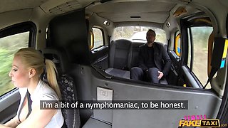 Busty British milf fucks news reporter on the backseat - girl faux cab