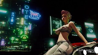 Big tits street wear girl gets fucked hard in dark neon room. Cyberpunk style