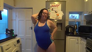 Wife with Big Breasts Dancing in Tight Blue Swimsuit