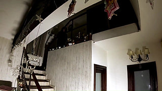 Dark Staircase Seduction. Shiny Long Jacket, Under Sheet Sex and Double Cum Finish