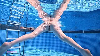 Skinny American Kat Outdoor Pool Voyeur: Underwater Striptease & Nude Swimming in 4K