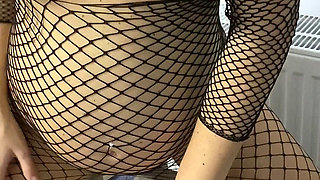 Pregnant in Fishnets Suit with Big Boobs Humping Couch to Orgasm