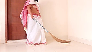 Arab Ethnicity maid in a white saree gets Rough fucked by the owner while the sweeping room