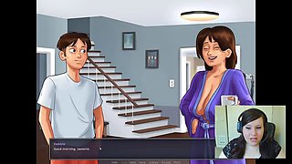 Summertime Saga marathon with a big-boobed gamer giving a handjob all night long