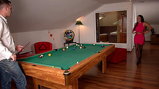 Hot Pool Table Fuck with Stockings and Legs up