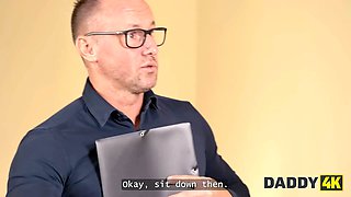 Daddy4k. sex-positive blonde with Natural Tits has no rules and is hardcore with her bf\u2019s grandpa on the table